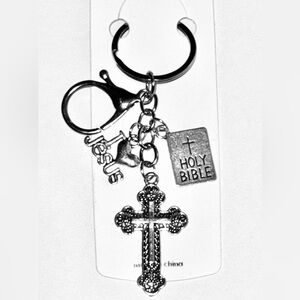 Cross Handbag Charm NIP Silver Tone Keychain I Love Jesus Holy Bible Charms Bag